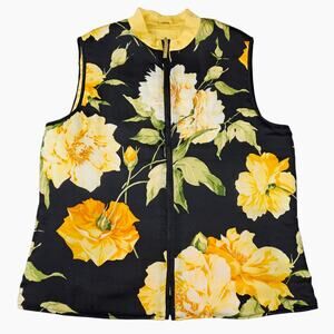 St John Sport Vest Womens Small Black Yellow Floral Reversible Silk Quilted Zip